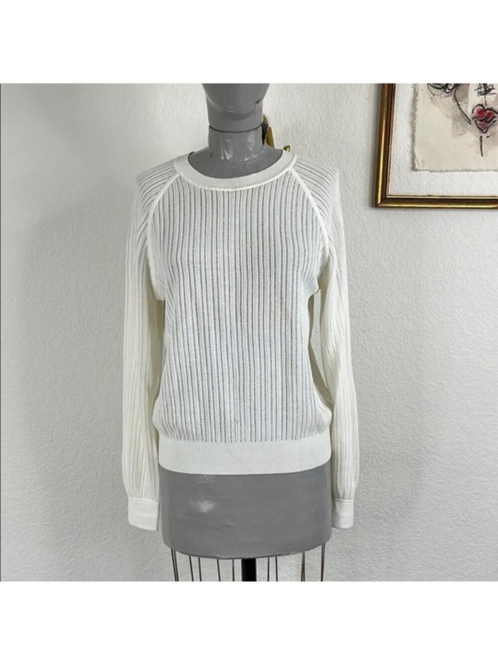 Club Monaco Women's White Open Stitch Long-Sleeve Crewneck Sweater Size